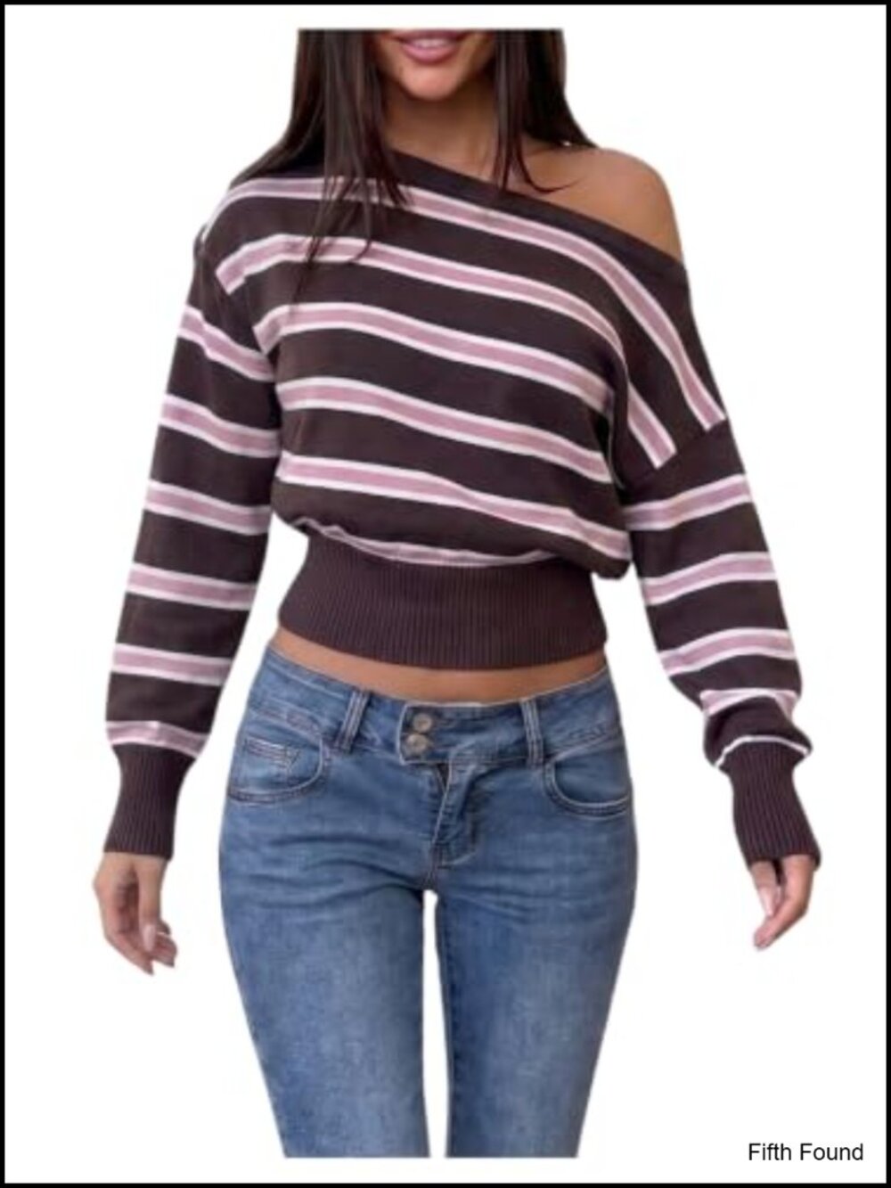 Off Shoulder Striped Knit Sweater Cinched Waist Lightweight Pullover